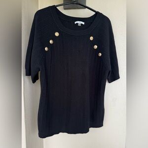Vila Milano Crew Neck Short Sleeve Ribbed Black Sweater Gold Button Accent Large